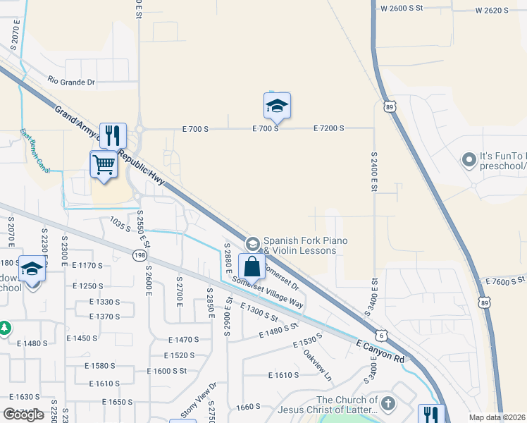 map of restaurants, bars, coffee shops, grocery stores, and more near 2971 East 1000 South in Spanish Fork