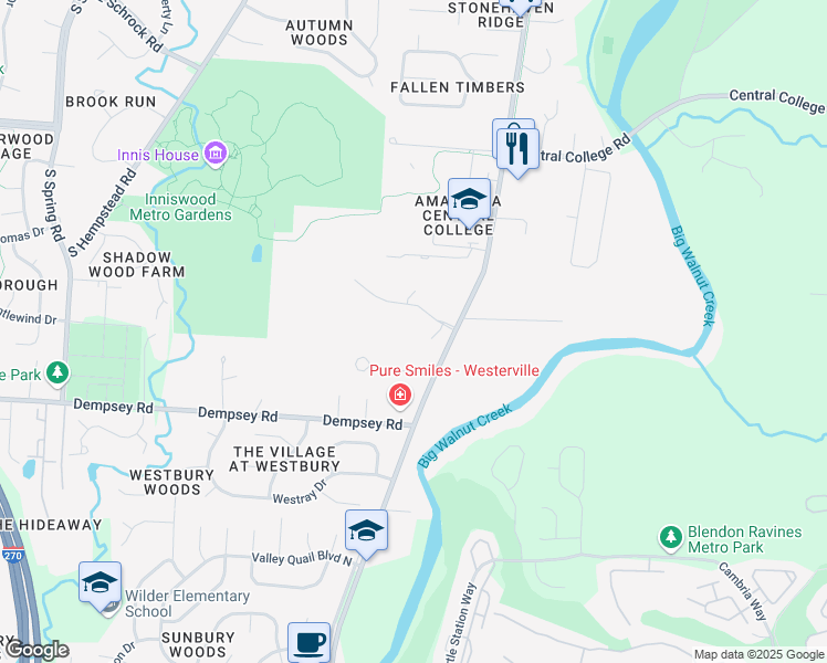 map of restaurants, bars, coffee shops, grocery stores, and more near 1165 Colony Drive in Westerville