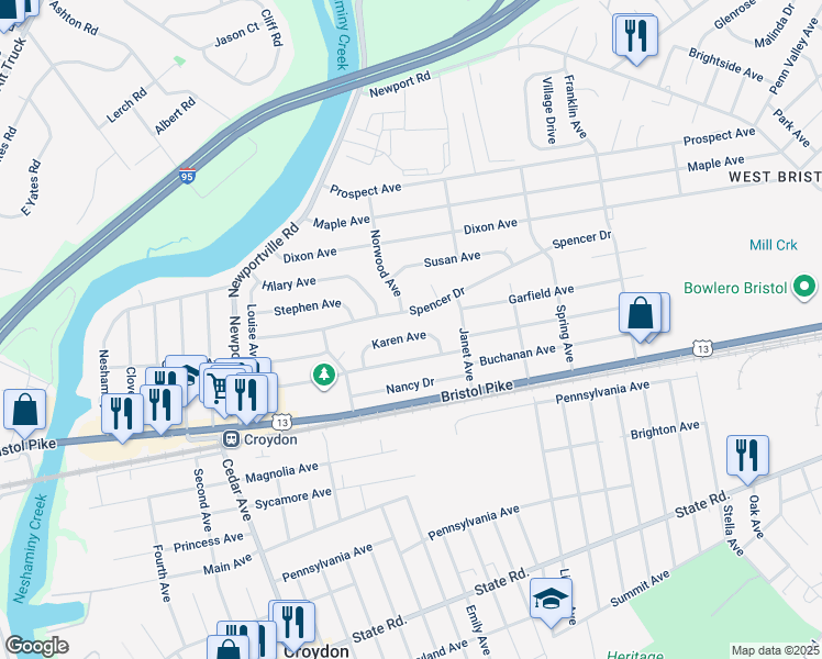 map of restaurants, bars, coffee shops, grocery stores, and more near 1301 Karen Avenue in Croydon