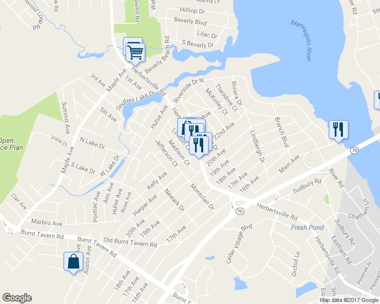 map of restaurants, bars, coffee shops, grocery stores, and more near 309 Lincoln Court in Brick