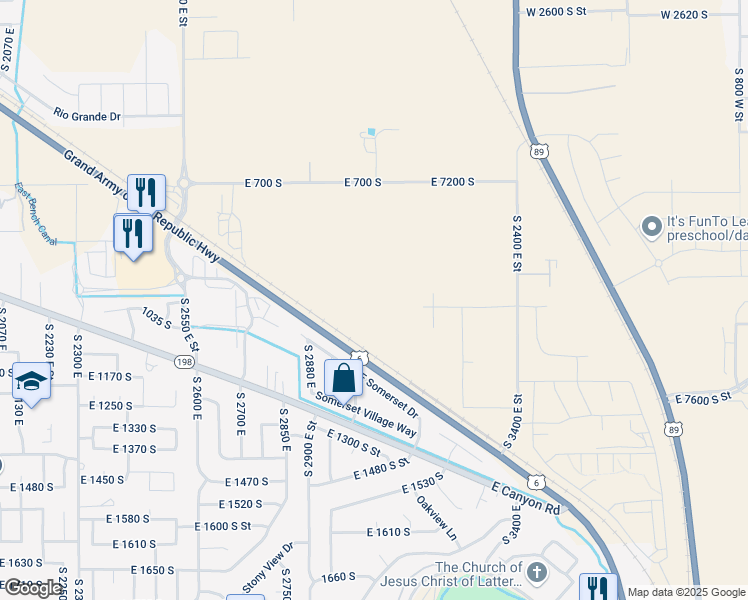 map of restaurants, bars, coffee shops, grocery stores, and more near 3031 East 1000 South in Spanish Fork