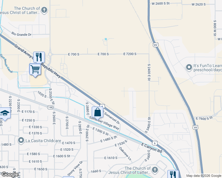 map of restaurants, bars, coffee shops, grocery stores, and more near 3075 East 1000 South in Spanish Fork