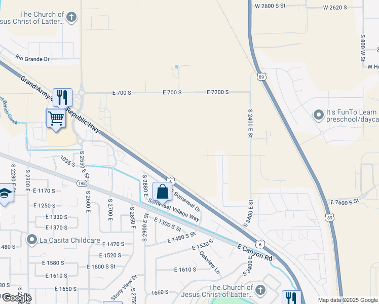 map of restaurants, bars, coffee shops, grocery stores, and more near 3095 East 1000 South in Spanish Fork