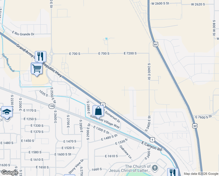 map of restaurants, bars, coffee shops, grocery stores, and more near 3053 East 1000 South in Spanish Fork