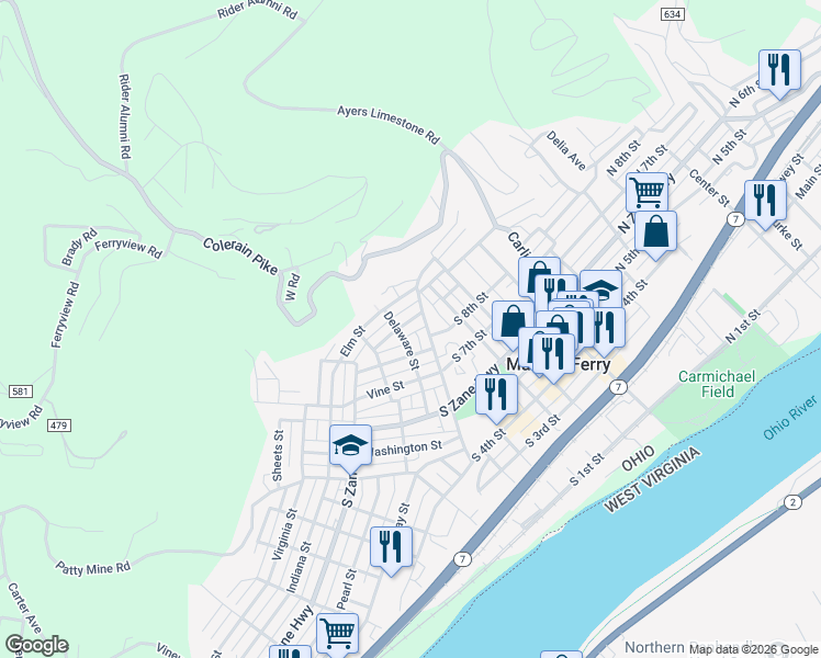 map of restaurants, bars, coffee shops, grocery stores, and more near 411 Clinton Street in Martins Ferry