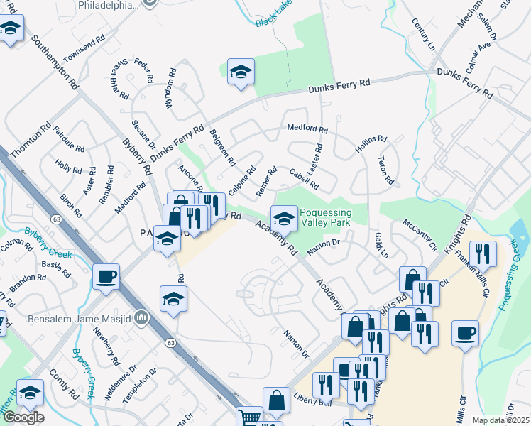 map of restaurants, bars, coffee shops, grocery stores, and more near 12502 Torrey Road in Philadelphia