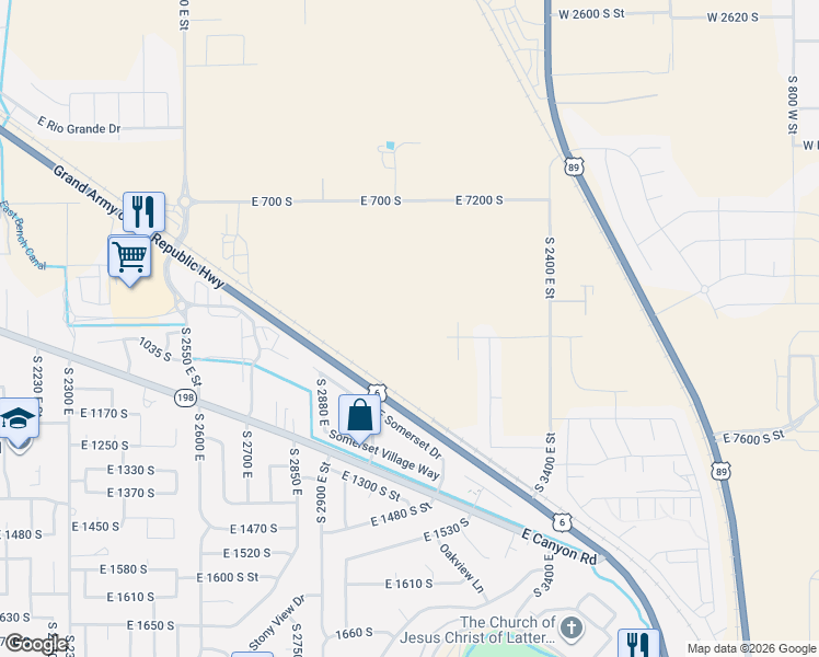 map of restaurants, bars, coffee shops, grocery stores, and more near 3075 East 1000 South in Spanish Fork