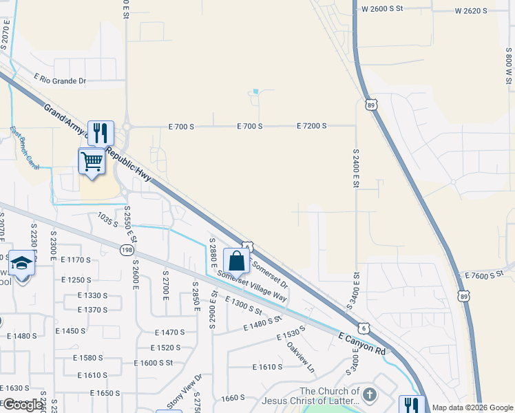 map of restaurants, bars, coffee shops, grocery stores, and more near 3031 East 1000 South in Spanish Fork