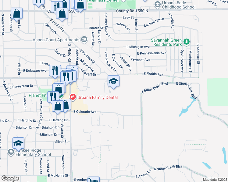 map of restaurants, bars, coffee shops, grocery stores, and more near 1801 James Cherry Drive in Urbana