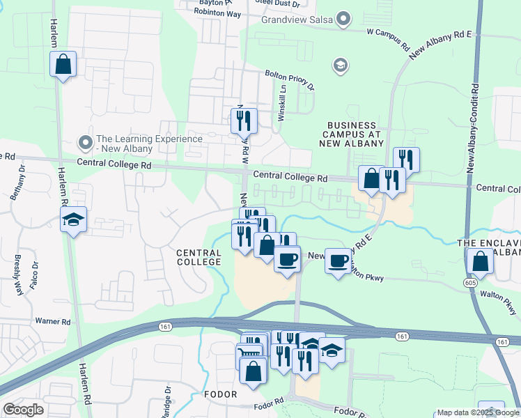 map of restaurants, bars, coffee shops, grocery stores, and more near 5535 Sweetwater Valley Circle in New Albany