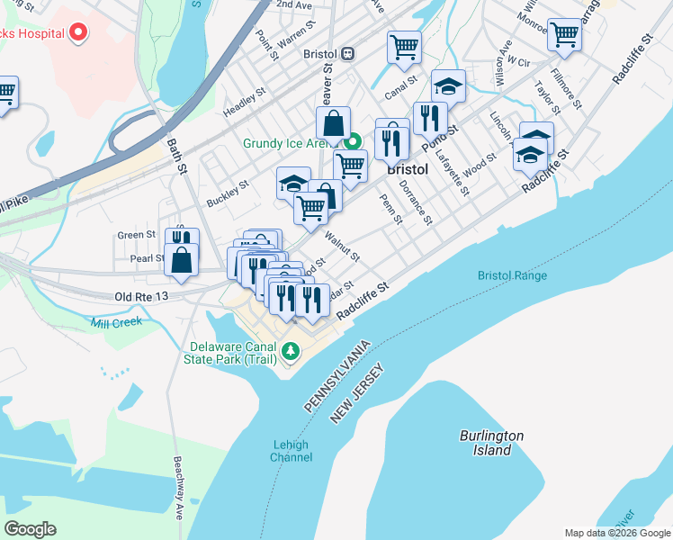 map of restaurants, bars, coffee shops, grocery stores, and more near 1027 Cedar Street in Bristol