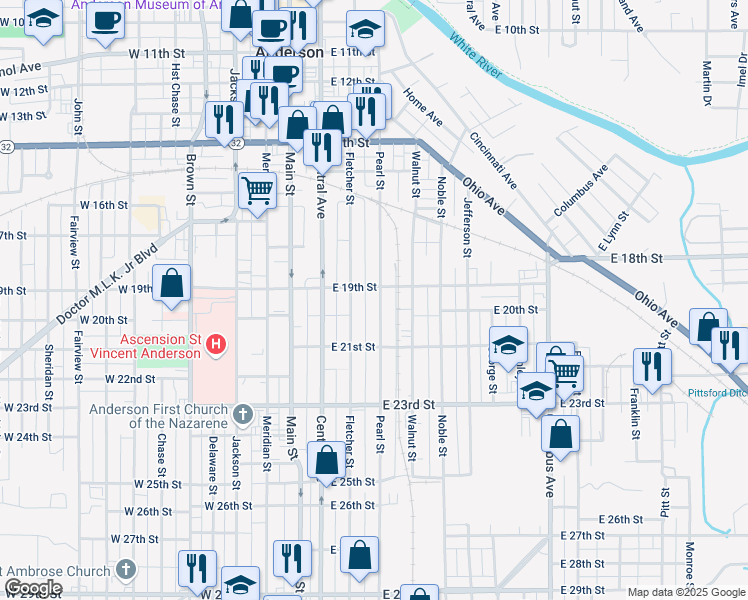 map of restaurants, bars, coffee shops, grocery stores, and more near 1913 Pearl Street in Anderson