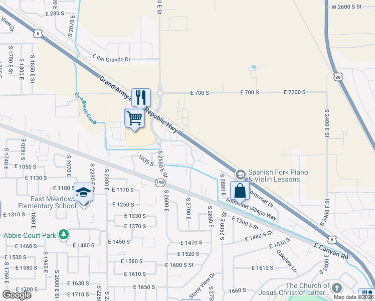map of restaurants, bars, coffee shops, grocery stores, and more near 1022 High Ridge Drive in Spanish Fork