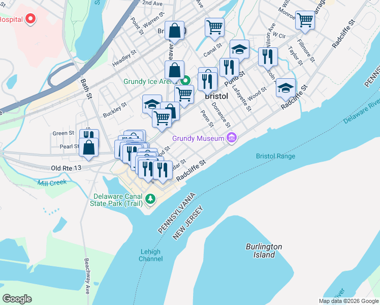 map of restaurants, bars, coffee shops, grocery stores, and more near 1027 Cedar Street in Bristol