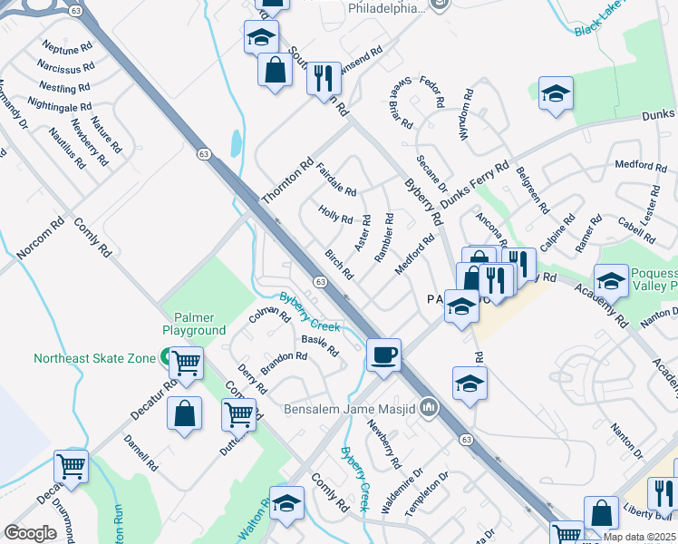 map of restaurants, bars, coffee shops, grocery stores, and more near 3242 Birch Road in Philadelphia
