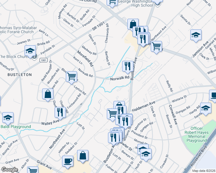 map of restaurants, bars, coffee shops, grocery stores, and more near 1203 Serota Place in Philadelphia