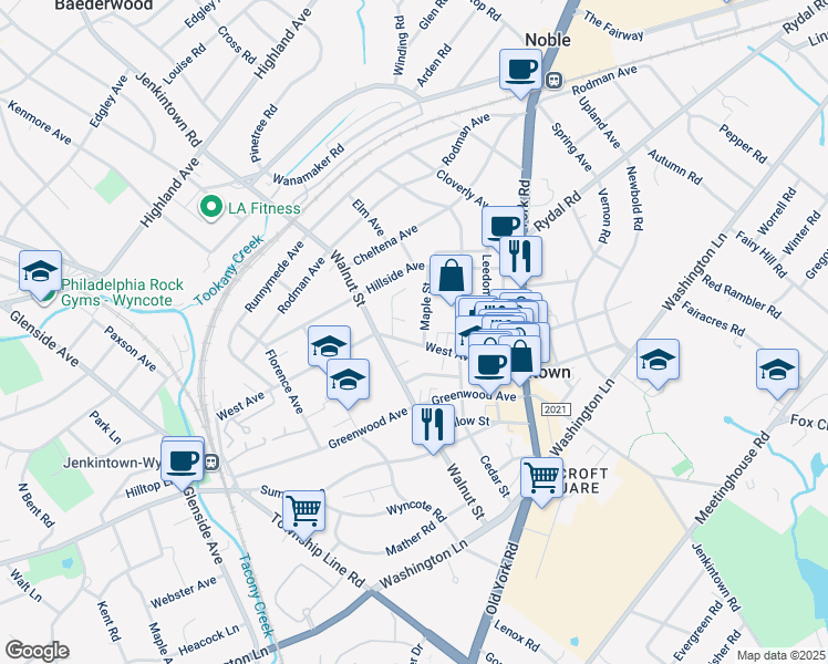 map of restaurants, bars, coffee shops, grocery stores, and more near 408 West Avenue in Jenkintown