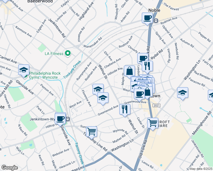 map of restaurants, bars, coffee shops, grocery stores, and more near 329 West Avenue in Jenkintown