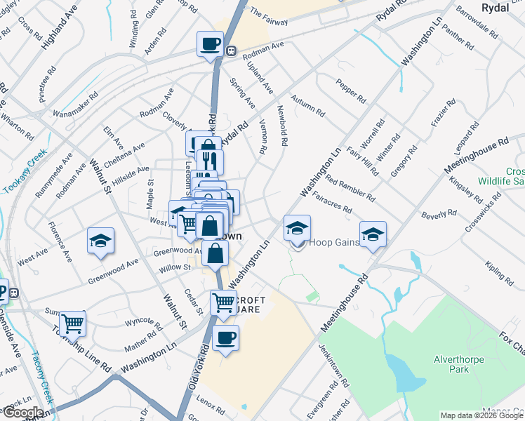 map of restaurants, bars, coffee shops, grocery stores, and more near 405 Newbold Road in Jenkintown