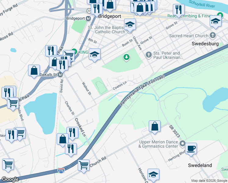 map of restaurants, bars, coffee shops, grocery stores, and more near 763 Church Street in Norristown