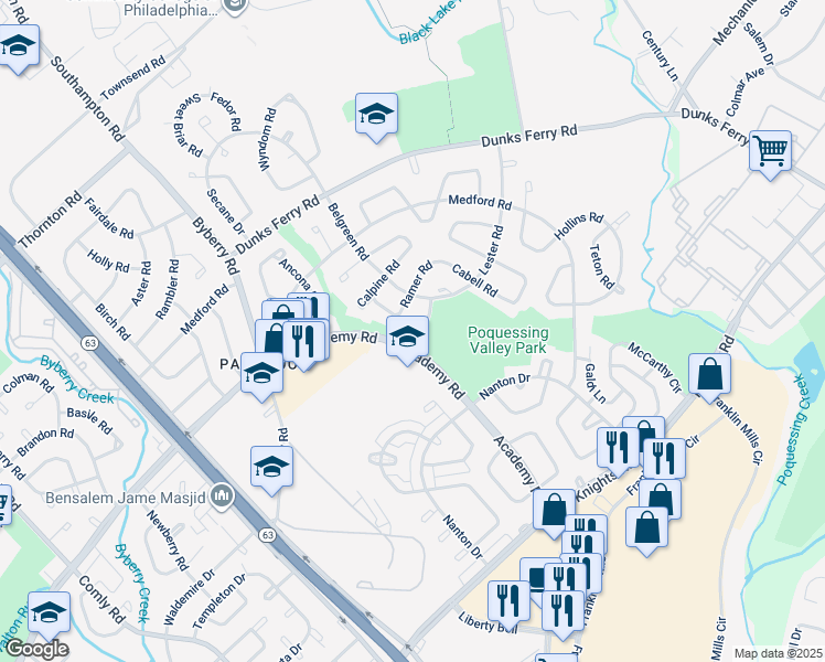 map of restaurants, bars, coffee shops, grocery stores, and more near 12502 Torrey Road in Philadelphia
