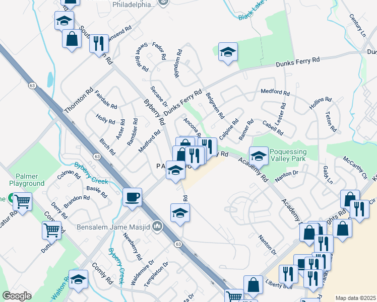 map of restaurants, bars, coffee shops, grocery stores, and more near 12311 Medford Road in Philadelphia