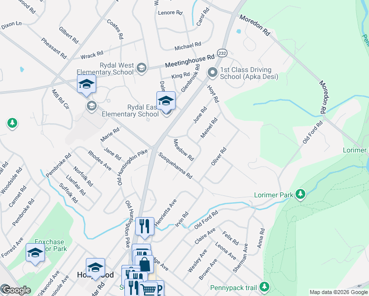 map of restaurants, bars, coffee shops, grocery stores, and more near 1132 Harriett Road in Montgomery County