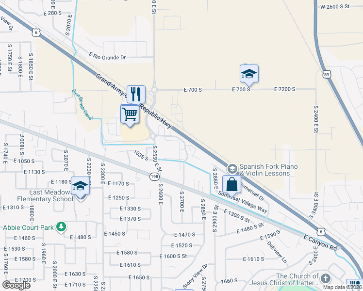 map of restaurants, bars, coffee shops, grocery stores, and more near 1022 High Ridge Drive in Spanish Fork