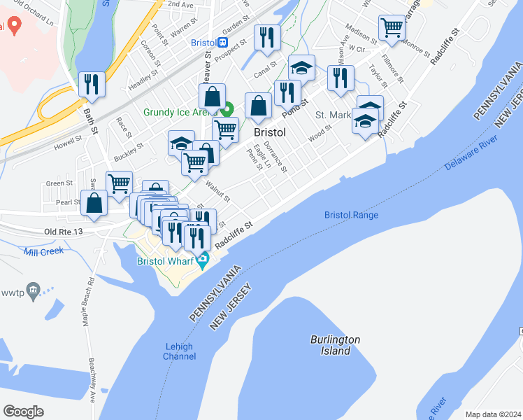 map of restaurants, bars, coffee shops, grocery stores, and more near 423 Radcliffe Street in Bristol