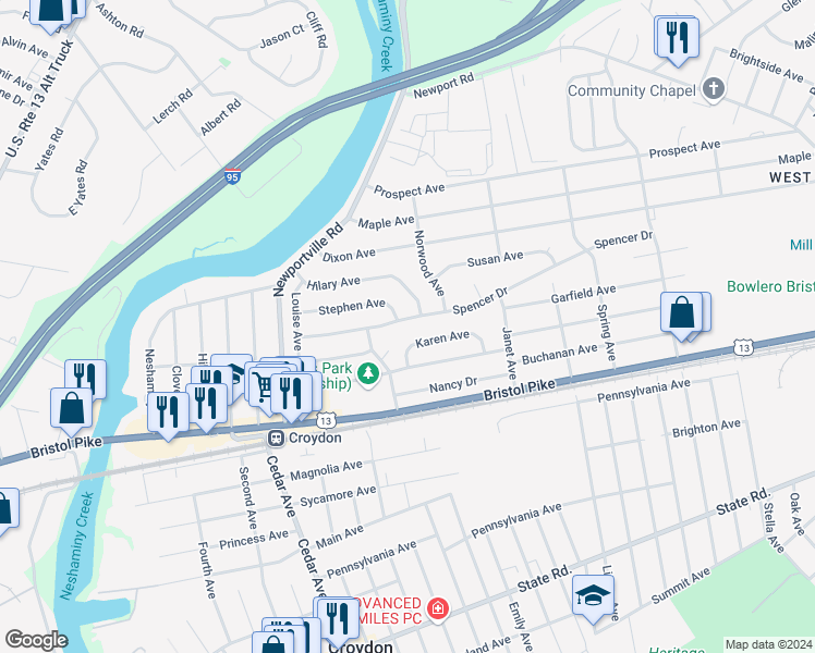 map of restaurants, bars, coffee shops, grocery stores, and more near 1102 Spencer Drive in Croydon