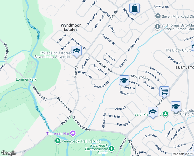 map of restaurants, bars, coffee shops, grocery stores, and more near 121 Kingfield Road in Philadelphia