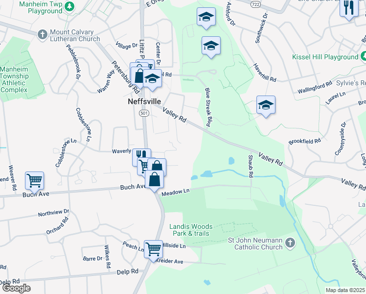 map of restaurants, bars, coffee shops, grocery stores, and more near 70 Valley Road in Lancaster