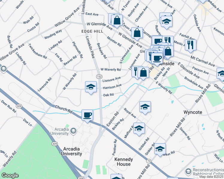 map of restaurants, bars, coffee shops, grocery stores, and more near 313 Harrison Avenue in Glenside