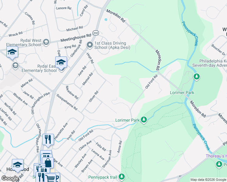 map of restaurants, bars, coffee shops, grocery stores, and more near 502 Hoyt Road in Montgomery County