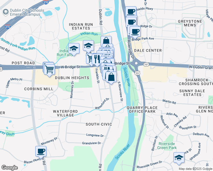 map of restaurants, bars, coffee shops, grocery stores, and more near 155 Dublin Road in Dublin