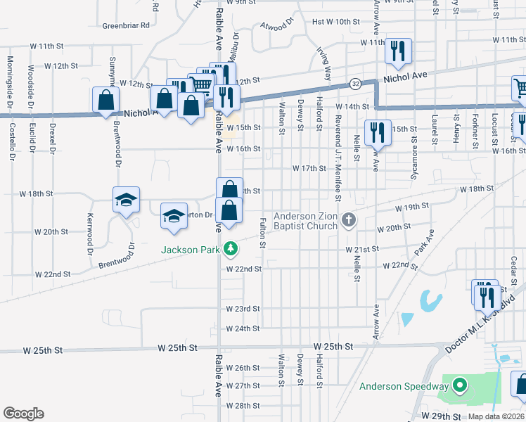 map of restaurants, bars, coffee shops, grocery stores, and more near 1909 Fulton Street in Anderson