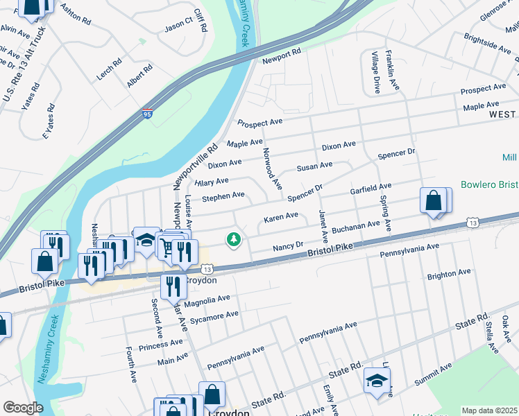 map of restaurants, bars, coffee shops, grocery stores, and more near 1102 Spencer Drive in Croydon
