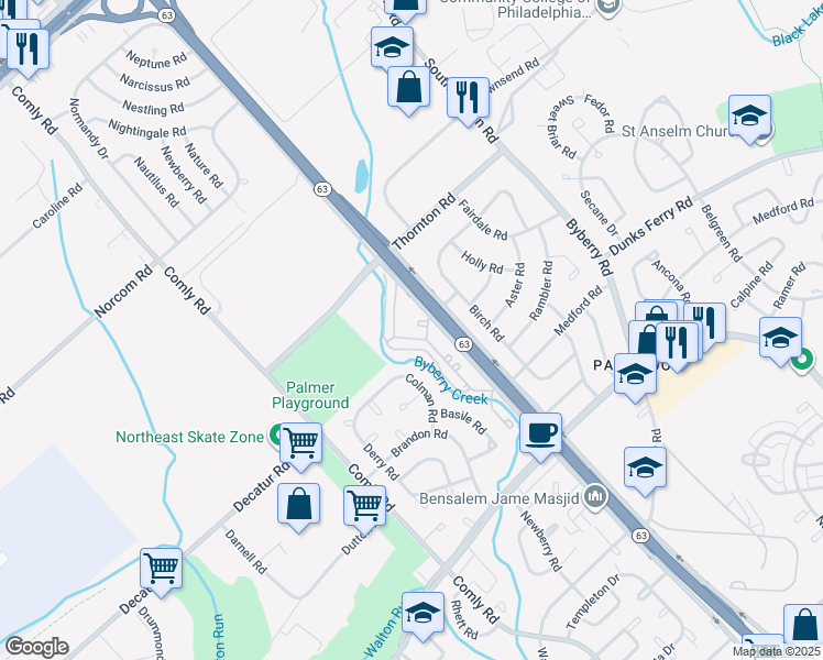 map of restaurants, bars, coffee shops, grocery stores, and more near 1345 Stewarts Way in Philadelphia