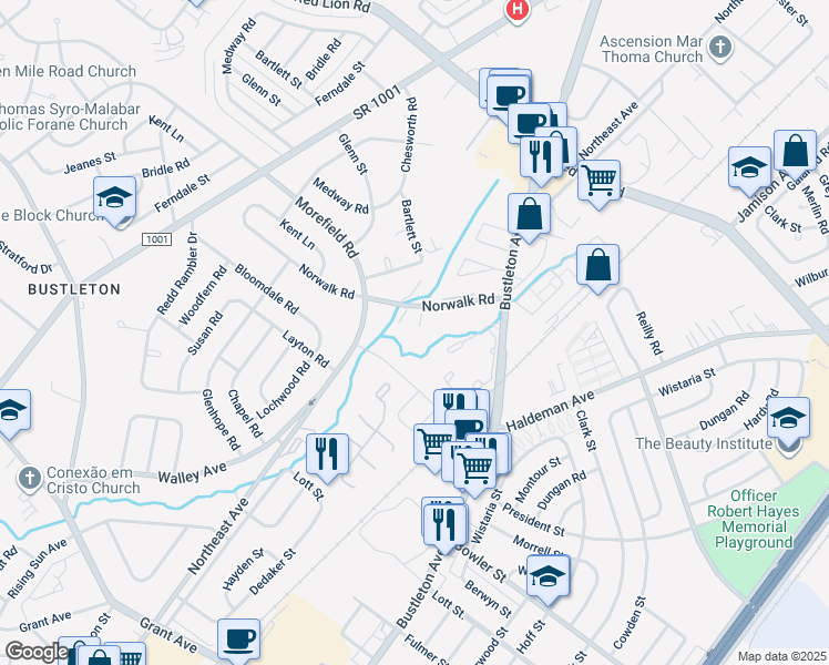 map of restaurants, bars, coffee shops, grocery stores, and more near 1226 Norwalk Road in Philadelphia
