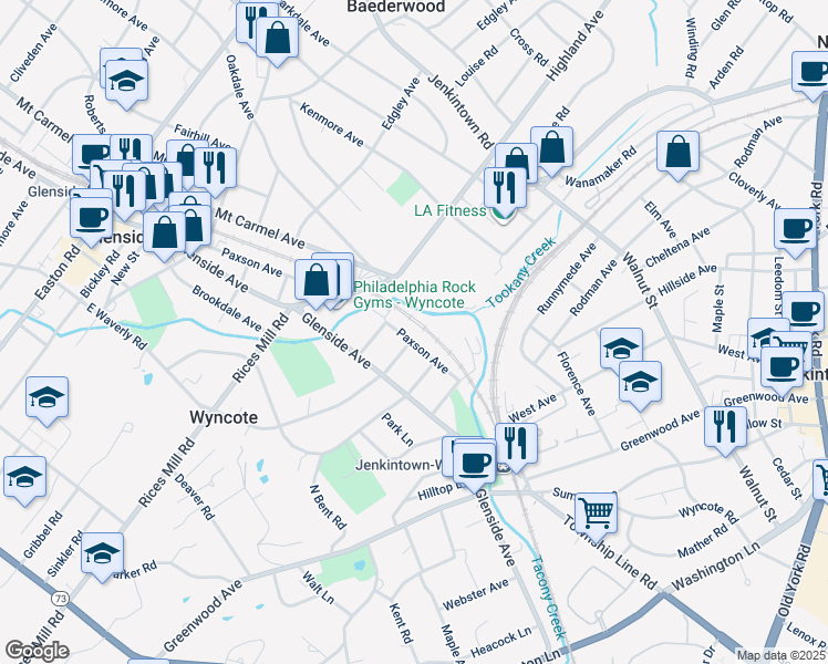 map of restaurants, bars, coffee shops, grocery stores, and more near 721 Paxson Avenue in Wyncote