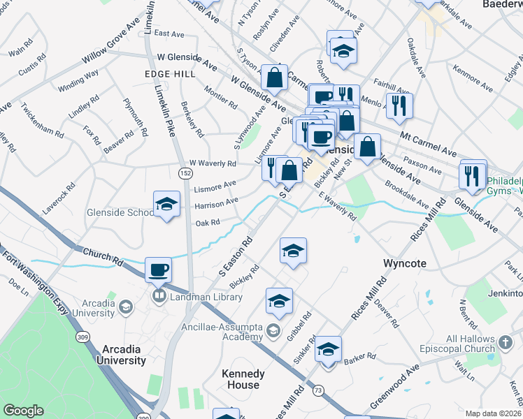 map of restaurants, bars, coffee shops, grocery stores, and more near 269-291 South Easton Road in Glenside