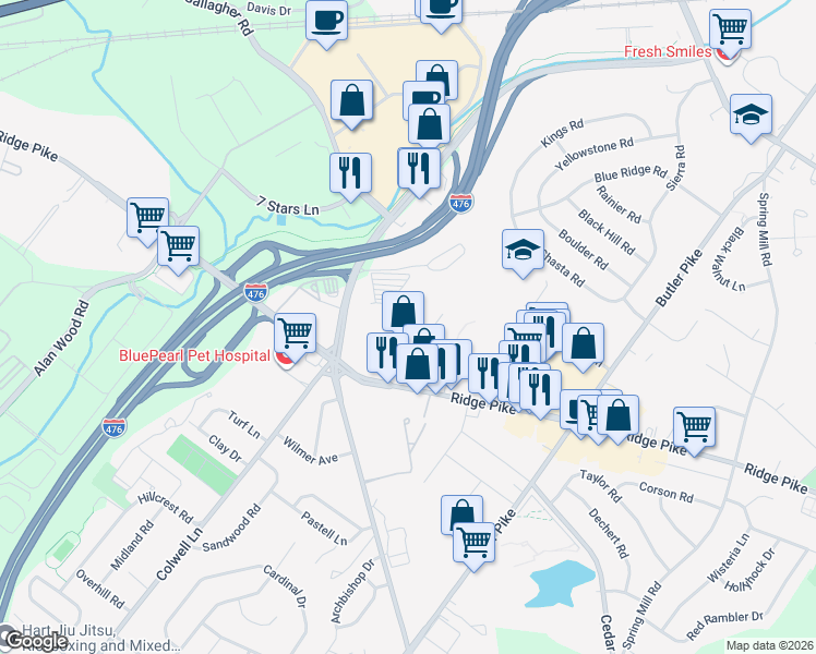 map of restaurants, bars, coffee shops, grocery stores, and more near 1953 Main Avenue in Conshohocken