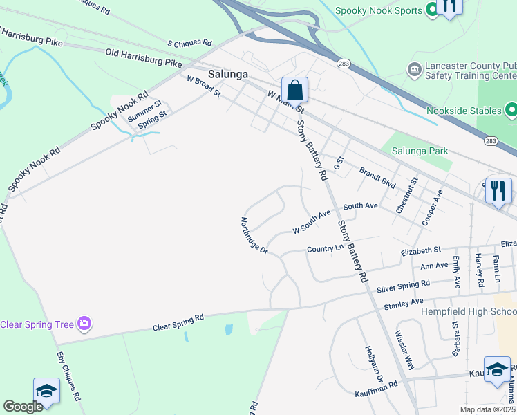 map of restaurants, bars, coffee shops, grocery stores, and more near 171 Northridge Drive in Salunga-Landisville