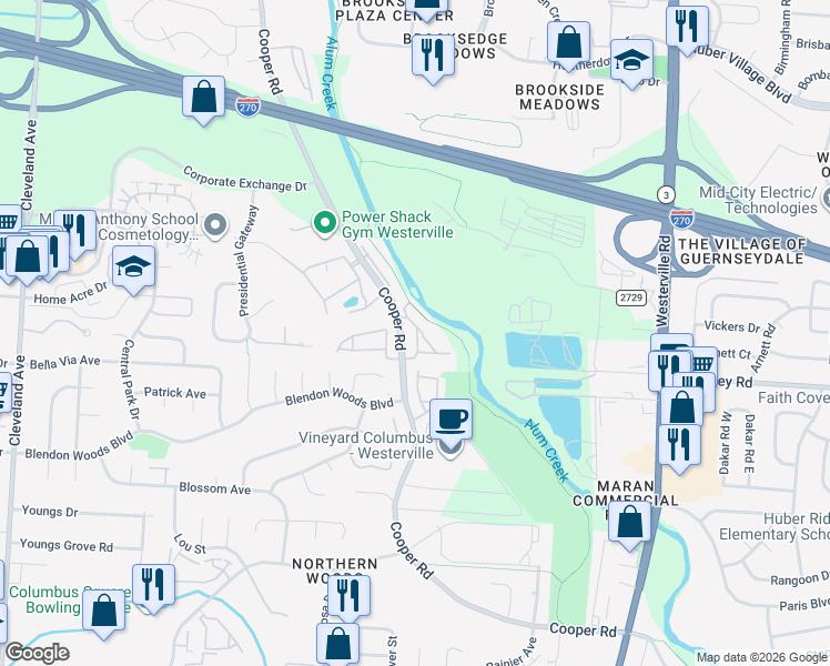 map of restaurants, bars, coffee shops, grocery stores, and more near 6105 Pelican Pointe in Columbus