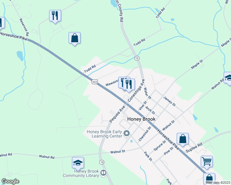 map of restaurants, bars, coffee shops, grocery stores, and more near 4801 Horseshoe Pike in Honey Brook