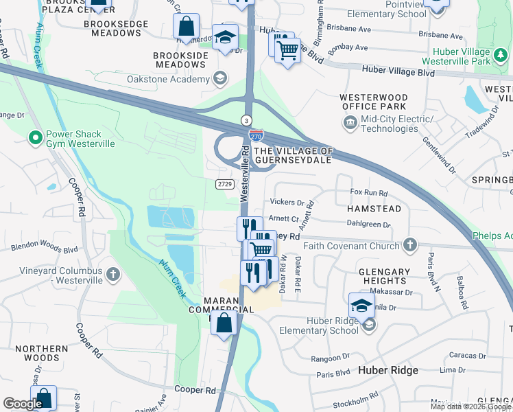 map of restaurants, bars, coffee shops, grocery stores, and more near 6060 Reno Drive in Westerville