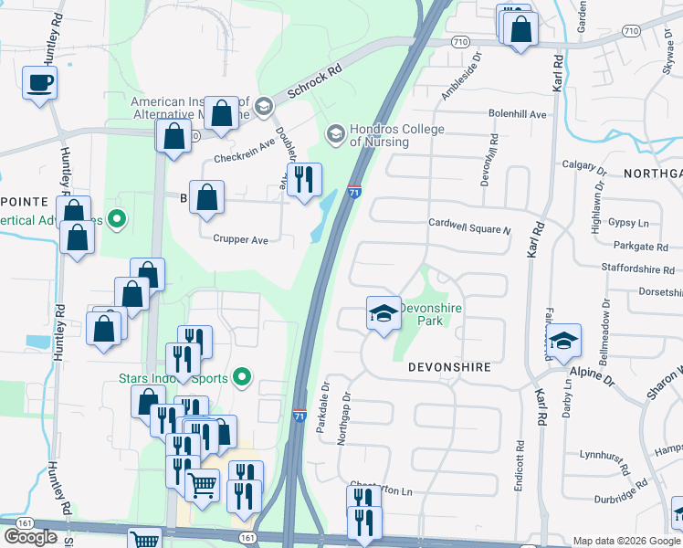 map of restaurants, bars, coffee shops, grocery stores, and more near 1209 Kildale Square South in Columbus