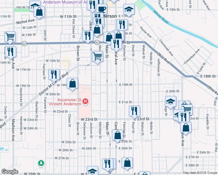 map of restaurants, bars, coffee shops, grocery stores, and more near 2020 East 20th Street in Anderson