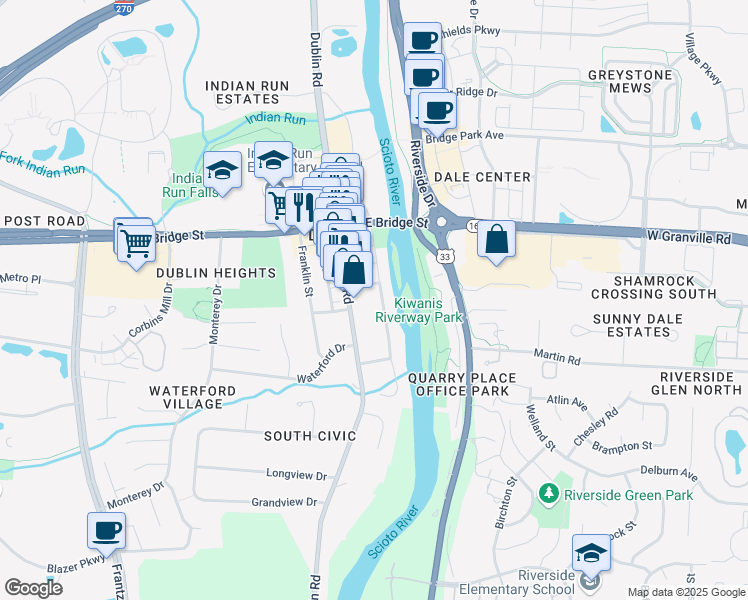 map of restaurants, bars, coffee shops, grocery stores, and more near 129 South Riverview Street in Dublin