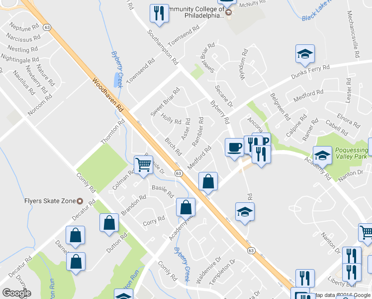 map of restaurants, bars, coffee shops, grocery stores, and more near 12120 Rambler Road in Philadelphia